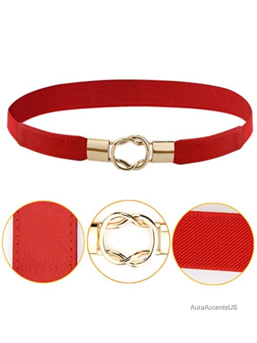 4pk Women Stretchy Faux Leather Waist Belt with Metal Buckle